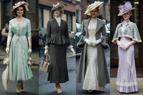 The timeless appeal of 1900s and 1910s fashion is sure to turn heads and make you feel like you've just stepped out of a classic novel. Victorian Era Fashion, Tea Gown, Elbow Length Gloves, 1910s Fashion, Afternoon Dress, High Ankle Boots, Gibson Girl, Tailored Coat, Tie Styles