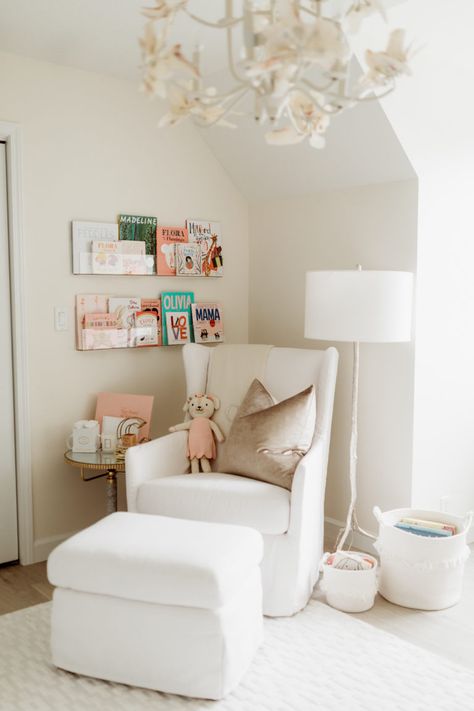 The perfect place for nursery book shelves - next to your reading chair! Daughters Nursery, Jamie Drake, Nursery Layout, Small Space Nursery, Baby Nursery Design, Alice Lane, Nursery Book, Nursery Bookshelf, Nursery Room Design