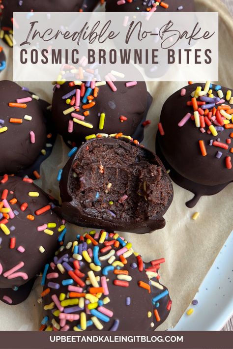 Brownie Energy Bites, Cosmic Brownie Truffles, No Bake Brownie Truffles, Easy Transportable Desserts, Cosmic Brownies Cookies, No Bake Goodies, Easy Egg Free Desserts, Protein Treats Healthy, Healthy Cosmic Brownies