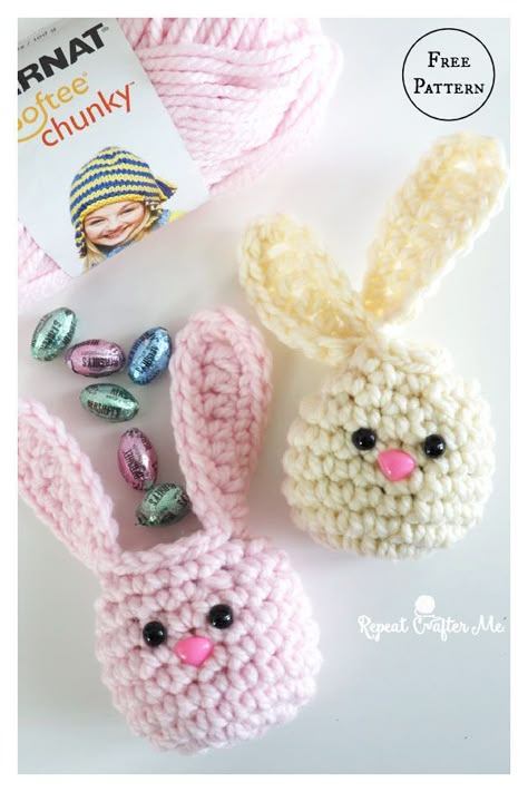 Easter Crochet Patterns Free, Bernat Softee Chunky Yarn, Crochet Easter Bunny, Crocheted Bunny, Crochet Easter Basket, Repeat Crafter Me, Bunny Treats, Popular Crochet, Crochet Holiday