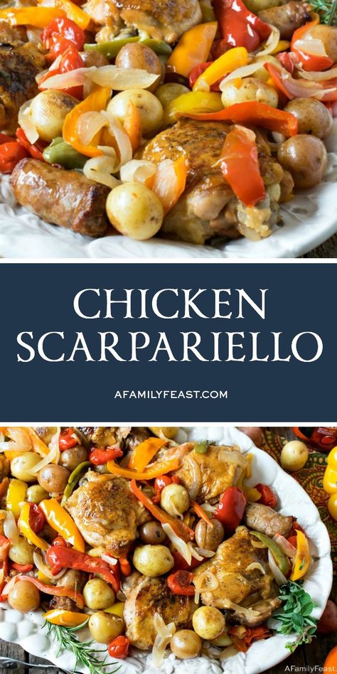 Chicken Scarpariello is an easy dinner made with chicken, sausage, peppers, and potatoes in a fantastic, zesty sauce. Scarpariello Chicken, Peppers And Potatoes, Chicken Scarpariello, Recipes With Chicken And Peppers, Sausage Peppers, Zesty Sauce, Chicken Entrees, Sausage And Peppers, Family Feast