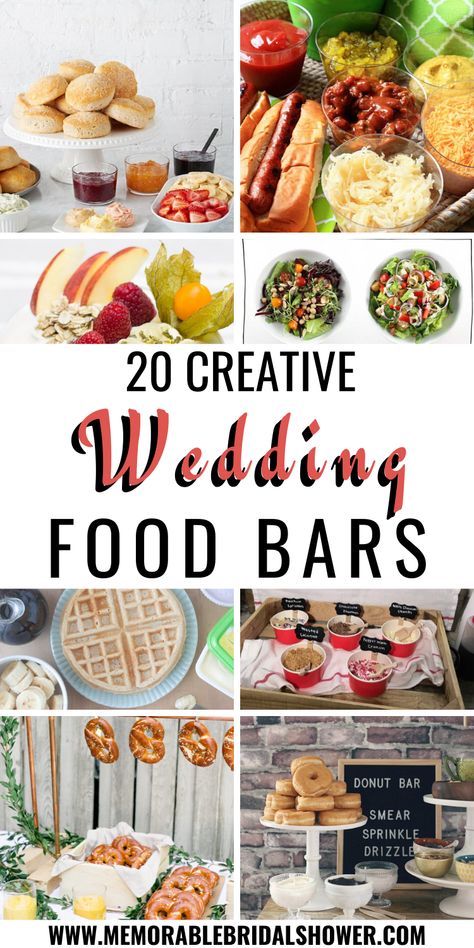 Wedding Food Bar Ideas, Easy Wedding Food, Wedding Reception Food Appetizers, Cheap Wedding Food, Reception Appetizers, Food Bar Ideas, Unique Wedding Food, Wedding Finger Foods, Wedding Food Bars