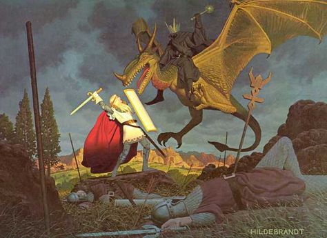 Éowyn and Witch-King of Angmar - Imgur Tolkien Calendar, Lotr Eowyn, Tim Hildebrandt, Modern Images, Witch King Of Angmar, Minas Tirith, John Howe, Brothers Art, Middle Earth Art