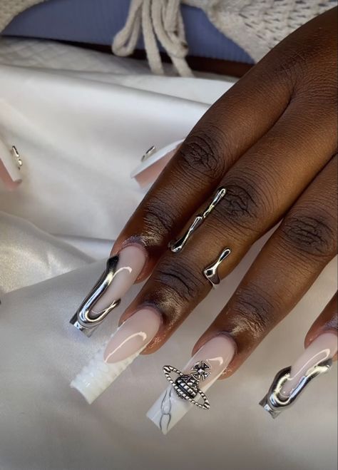 Y2k Chrome Nails, Silver Chrome Birthday Nails, Silver Chrome Nails Designs, Long Silver Chrome Nails, Silver Chrome Nails, Sliver Nails Black Women, Long Acrylic Nails Chrome Hearts, Chrome Y2k Nails + Charms, Chrome Nails Designs