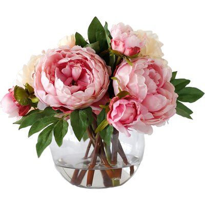 Water In Glass, Silk Peonies Arrangement, Faux Pink Floral, Single Peony In Vase, Artificial Flowers In A Pink Vase, Flower In Vase, Pink Roses Round Vase, Peonies In Vase Painting, Flower Peony