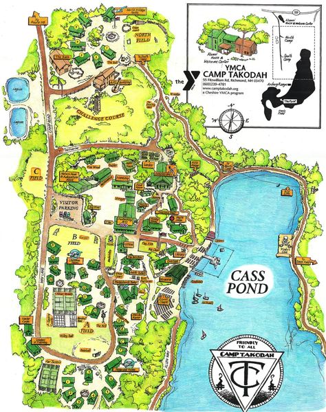 Camp Map - YMCA Camp Takodah Camp Site Design, Summer Camp Map, Summer Camp Layout, New Hampshire Summer, Camp Layout, School Layout, Dorney Park, Lakeside Camping, Camping Ground