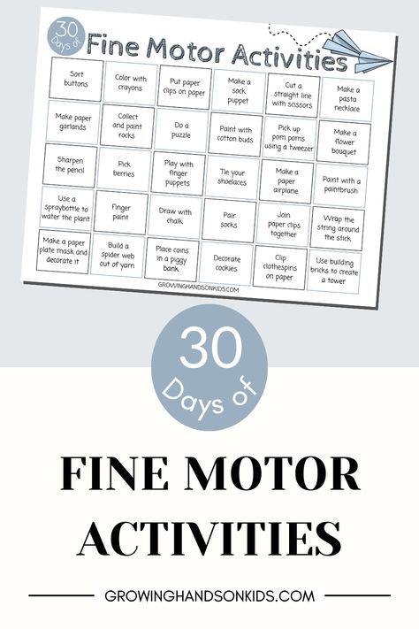 Preview of the 30 days of fine motor activities calendar. Visual Motor Activities, Preschool Fine Motor Skills, Fine Motor Activity, Fine Motor Activities For Kids, Kindergarden Activities, Preschool Fine Motor, List Of Skills, Calendar Download, Teaching Toddlers