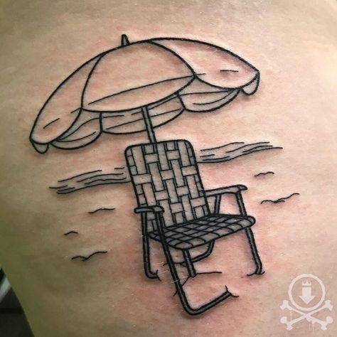 Fun line work beach chair tattoo by Tami Rose.  #12ozstudios #team12oz #tattoo #tattoos #tattooed #tattooing #tattooism #tattooart #tattooartist #tattooer #tattooist #art #artstudio #tattooshop #tattoostudio #ink #inked #linework #lineworktattoo #blackwork #blackworktattoo #beach #beachtattoo #seashore #vacation Beach Chair Tattoo, Chair Tattoo, Le Tattoo, California Tattoo, Beach Drawing, Summer Tattoo, Beach Tattoo, Tattoo Bracelet, Line Work Tattoo