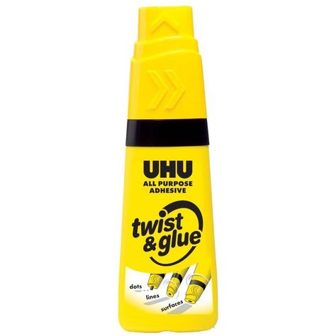 UHU Twist Glue, the proven liquid All Purpose Adhesive in a soft and handy plastic bottle with the unique 3-position twist-applicator for gluing dots, lines and surfaces. It is ideal for a wide range of applications at home, at school, in the office, for crafts and modelling etc. The crystal-clear formula dries fast and washes out at 60°C. Allows easy and precise gluing made to measure. Rhinestone Crafts, Glue Sticks, Glue Dots, Button Crafts, Office Art, Mustard Bottle, School Office, Plastic Bottles, Drink Bottles