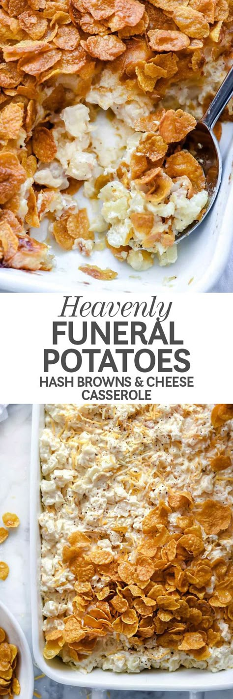 Funeral potatoes made with frozen hash browns and cheese are an easy-to-make and even easier-to-love comfort food casserole that is totally heaven sent. | foodiecrush.com #recipes #casserole #potatoes #hashbrowns #cheese Potatoes Hashbrowns, Casserole With Hashbrowns, Breakfast Casserole With Hashbrowns, Casserole Potatoes, Comfort Food Casserole, Frozen Hash Browns, Veggies Recipes, Hashbrown Breakfast Casserole, Scalloped Potatoes Cheesy