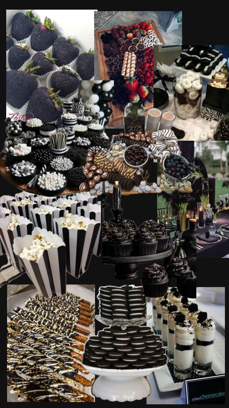 Black And White Party Foods, Black And White Snacks Party Ideas, Black Color Party Food, Black Party Food Ideas, Black And White Charcuterie Board, Black And White Party Food, Black Foods For Party, White Foods For Party, Black Charcuterie Board