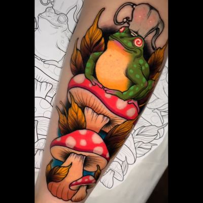 Traditional Toad Tattoo, Neo Traditional Frog, Traditional Frog Tattoo, Toad Tattoo, Half Sleeve Ideas, Pop Painting, Neo Traditional Art, Running Tattoo, Frog Tattoo