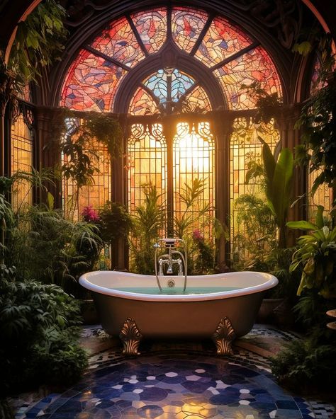 A Tour Through A Stained Glass Mansion by @benmyhre [IG] 🏠🪟☀️ | Instagram Glass Mansion, Design Small Bathroom, Color Schemes Bathroom, Closet Organization Bathroom, Glass Bathtub, Bathroom Gallery Wall, Bathroom Closet Organization, Storybook House, Stain Glass Window Art