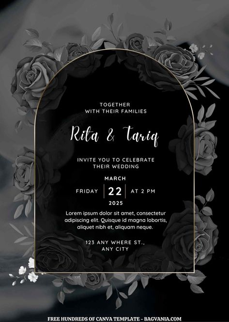 Get 16+ Black Roses Canva Wedding Invitation Templates #free #freeinvitation2019 #birthday #disney #invitations #invitationtemplates Black Invitation Template, Black And Blue Invitations, Blank Invitation Card Design Black, Gothic Invitation Template, Black And Dusty Blue Wedding Invitation, Dark Blue Roses, Canva Wedding Invitations, Birthday Cake Write Name, Nikah Decor