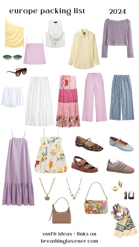 What to wear to Europe! Outfit packing guide for the Mediterranean   Vrg grl, linen pants, pastel, spring color pallet, summer outfits, vacation, travel ootd, maxi dress, patchwork skirt, leopard print, pink gazelles What To Wear To Europe, Spring Color Pallet, Linen Skirt Outfit, Greece Vacation Outfit, Summer Europe Outfits, Pink Gazelles, Pink Linen Pants, European Travel Outfit, Outfits Colorful