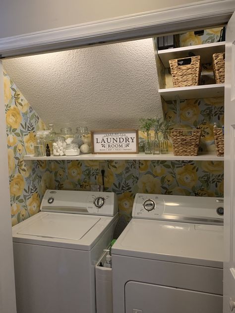 Small Laundry Room Ideas Slanted Ceiling, Laundry Area Under Stairs, Laundry Closet Under Staircase, Small Laundry Under Stairs, Small Laundry Room Ideas Under Stairs, Laundry Room Under Stairs Ideas, Small Laundry Room Under Stairs, Laundry Under The Stairs, Laundry Closet Under Stairs