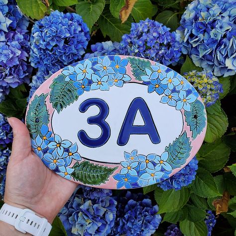 hydrangea, ceramic custom cottage signs, personalized addr… | Flickr Ceramic House Numbers, Ceramic Cookware, Pottery Houses, Cottage Signs, Handmade Ceramic Tiles, Address Plaque, Ceramic Houses, Ceramics Projects, House Numbers