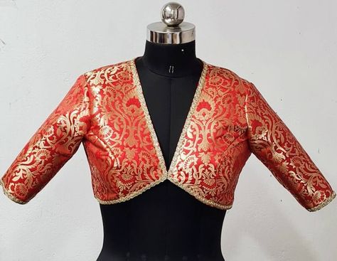 Buy Red Banarasi Brocade Custom Stitched Blouse Online in India - Etsy Red Brocade Blouse Designs, Banaras Blouse Designs, Red Brocade Blouse, Banarasi Blouse, Brocade Blouse Designs, Brocade Lehenga, Engagement Saree, Puff Blouse, Blouse Designs High Neck