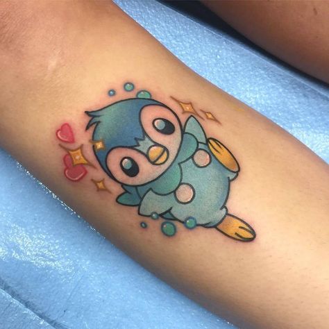 Piplup Tattoo Ideas, Piplup Tattoo, Pokémon Sleeve, Hello Tattoo, Silly Tattoos, Pokemon Sleeves, Sarah Tattoo, Pokemon Tattoos, Mama Tried