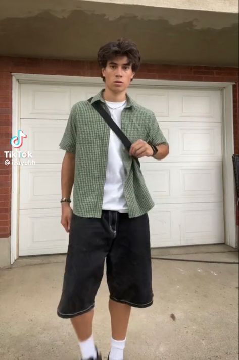 Sage Green Mens Outfit, Vintage Mens Summer Outfits, Male Grunge Outfits Summer, Green Aesthetic Outfit Men, 90s Summer Outfits Men, Green Shorts Outfit Men, Boxy Shirt Outfit Men, Cool Guy Aesthetic, 80s Summer Outfits Men