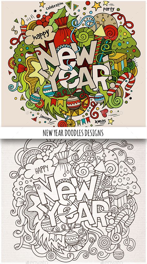 New Year Doodle 2023, Happy New Year Doodle Art, Happy New Year Painting Ideas, New Years Eve Drawing, Happy New Year Calligraphy Design, Happy New Year Art Ideas, New Year Doodle Art, Happy New Year Illustration Design, Happy New Year 2023 Drawing