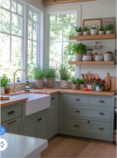 Robin Egg Blue Kitchen Cabinets, Light Blue And Wood Kitchen, Dusty Blue Cabinets Kitchen, Blue Green Cabinets Kitchen, Blue Cabinets Butcher Block Counter, Central Kitchen Design, Blue And Oak Kitchen, Blue Green Kitchen Cabinets, Green Blue Kitchen