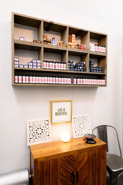 Image of a color bar in a salon suite with cute, rustic decor and a wooden buffet cabinet. The simple, modern, and rustic style adds charm to the salon suite. Perfect for hair color storage. Salon Color Storage Ideas, Salon Suite Color Bar, Hair Salon Storage Ideas, Color Bar Salon Ideas Small Spaces, Hair Color Storage Ideas, Hair Salon Color Bar, Salon Color Storage, Color Bar Salon Ideas, Salon Hair Color Storage