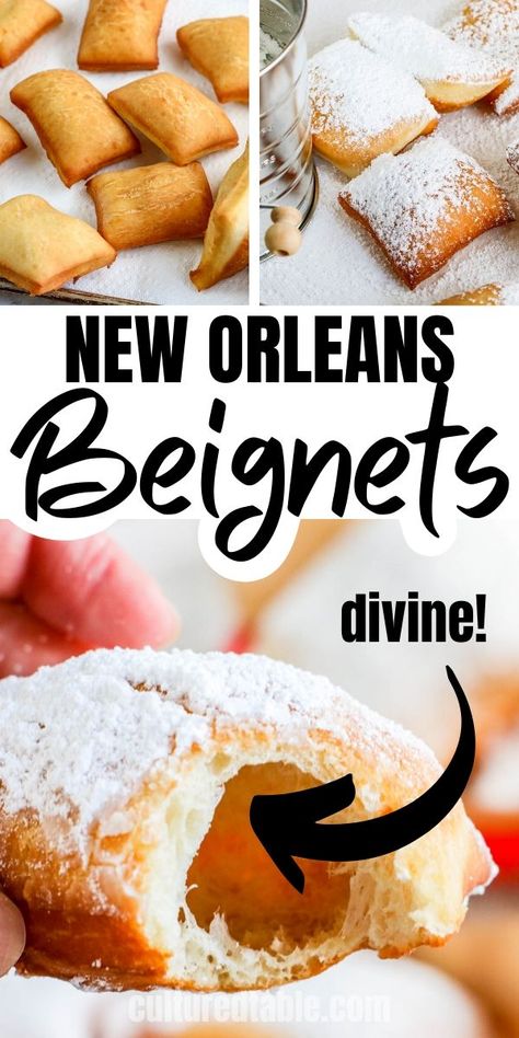 This New Orleans beignet recipe makes golden brown, sugar sprinkled bits of heaven. Whether you’ve been to the French Quarter and tried them there or just dream of it, it’s time you learned how to make beignets so you can enjoy their sweet deliciousness whenever you like!  #recipes #travel How To Make Beignets, Beignet Recipe, Brownie Desserts, Fun Baking Recipes, Donut Recipes, Bread Recipes Homemade, Yummy Sweets, Beignets, Pavlova