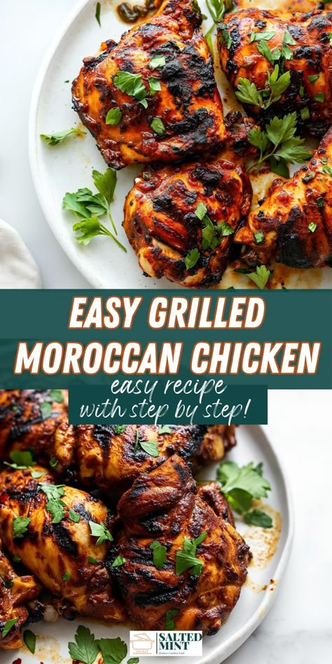 Middle Eastern Grilled Chicken, Easy Chicken Marinade Oven, Moroccan Grilled Chicken, Mediterranean Chicken Thigh Recipes, Moroccan Chicken Thighs, Chicken Thigh Marinade Recipes, Chicken Marinade Baked, Medditeranean Chicken Recipes, Chicken Thigh Marinade Baked