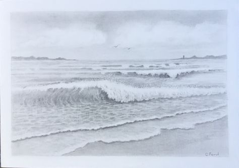 My First Seascape October 2018 - from a Tutorial How to Draw a Seascape, Waves, Skies, Graphite Pencil with Smoothie77 - Art Spectrum Draw & Wash A4 210gsm acid free smooth paper Wave Drawings, Art Corset, Pencil Drawing Inspiration, Beach Sketches, Wave Drawing, Graphite Art, Ocean Shores, Graphite Drawings, Pencil Art Drawings