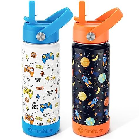 Fimibuke Kids Insulated Water Bottle - 18oz BPA-FREE Kids Cups with Straw Double Wall Vacuum Tumbler 18/8 Stainless Steel Leak Proof Toddler Water Bottle for School Boys Girls (2 Pack, Game+Space) Water Bottles For Kids, Metal Water Bottles, Toddler Water Bottle, Water Bottle For School, Bottle For School, Toddler Sippy Cups, Metal Water Bottle, Kid Drinks, Cleaning Brushes