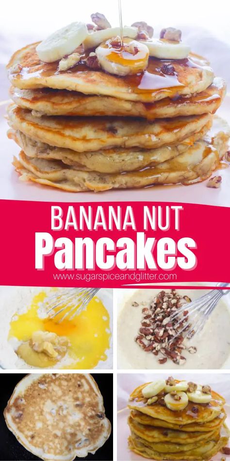 Fluffy, tender and flavorful Banana Nut Pancakes are a decadent brunch option that packs a healthy punch. Stay in your PJs and skip the overpriced breakfast spots by making these delicious flapjacks at home! Banana Nut Pancakes, Yummy Pancake Recipe, Delicious Pancakes, Pancake Toppings, Pancakes Ingredients, Tasty Pancakes, Healthy Apple, Pancakes Healthy, Banana Nut