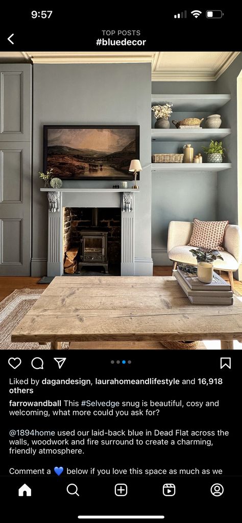 Selvedge Farrow And Ball, Farrow And Ball Selvedge, Dix Blue, Farrow And Ball, Front Room, Open Plan, Cribs, Green And Grey, Paint Colors