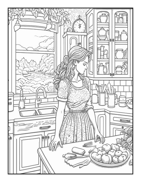 Cozy Kitchen Coloring Book: Relax And Find Your Creative Abilities With Dining Room Scenes Illustrations, Easy Color Pages For Girls Adults Colorists Provide Relieve Stress #coloringpages Kitchen Coloring Pages, Mom Coloring Pages, Turtle Coloring Pages, House Colouring Pages, Scene Drawing, Barbie Coloring, Barbie Coloring Pages, Pumpkin Coloring Pages, Coloring Art