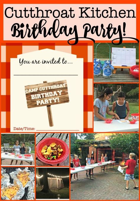 Everything you need to host a Cutthroat Kitchen birthday party at home! This post includes free printable birthday party invites, ideas for cooking competitions and sabotages and lots of tips on how to make your Cutthroat Kitchen Birthday Party awesome! #KidsBirthdayParties #CookingParty #KidsParties #CutthroatKitchen via @sharonmomof6 Kitchen Birthday Party, Cabin Party, Cutthroat Kitchen, Ideas For Cooking, Cooking Theme, Cooking Party, Birthday Party At Home, Boy Party Favors, Cooking Competition