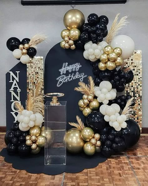 #birthdaydecor #partyplanning #celebrationideas #eventdecor #birthdayparty #decorinspiration #DIYdecor #partydecorations #birthdayfun #festivedecor Luxury Birthday Party, Black And Gold Party Decorations, 50th Birthday Balloons, All Black Party, Black And Gold Birthday, Sneaker Ball, 30th Birthday Ideas, Simple Birthday Decorations, 50th Birthday Decorations