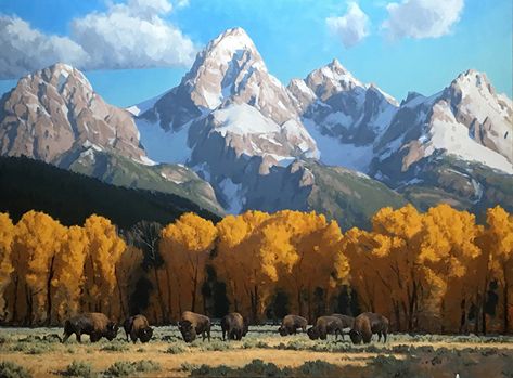 Traditional paintings of the Grand Tetons | Hereford and longhorn cattle | western art by Jimmy Dyer Buffalo Paintings On Canvas, Bison Painting Acrylics, Yellowstone Painting, Bison Portrait, Southwest Art Paintings, Bison Painting, Bison Artwork, Buffalo Painting, Hereford Cattle