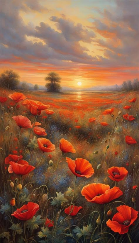 Painting of Field of poppies - AI creation Poppy Field Painting Acrylics, Poppy Flower Pictures, Field Of Poppies Painting, Painting Of Field, Senior Year Art, Poppy Field Painting, Remembrance Day Art, Poppies Art, Poppies Painting