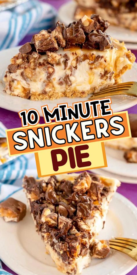 The easiest no bake snickers pie recipe with tons of Snickers candy bars, peanut butter, and delicious flavor! Perfect pie for summer parties, Thanksgiving, or birthdays - good chilled or frozen! Snickers Peanut Butter Pie, Candy Bar Pie Recipes, Snickers Pudding, Snicker Pie, Peanut Butter Snickers, Candy Filling, Snickers Dessert, Snickers Pie, Layered Pumpkin Dessert