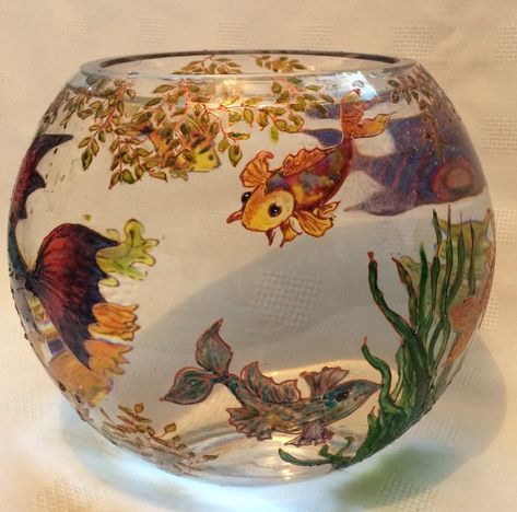 Painted Fish Bowl, Fish Bowl Painting, Bowl Painting, Cottagecore Goblincore, Goldfish Art, Painting Glass Jars, Fish Bowls, Art Bottle, Painted Fish