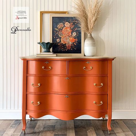 Bookshelf Restoration, Orange Painted Furniture, Orange Dresser, Serpentine Dresser, Portland Apartment, Orange Furniture, Pretty Homes, Orange Bedroom, Lined Drawers