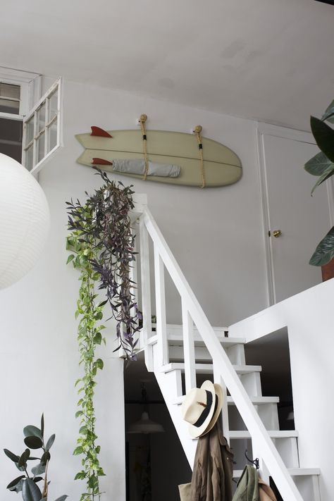 Plants Stairs, Surfboard Wall Rack, Hang Plants, Wall Stairs, Surfboard Storage, Surfboard Rack, Surf Room, Surfboard Wall, Space Apartments