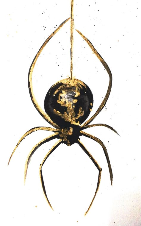 Watercolour and bronze ink spider Gold Spider Aesthetic, Spider Watercolor Painting, Spider Painting Easy, Cute Spider Painting, Spiders Painting, Spider Painting Acrylic, Creepy Spider Drawing, White Spider Tattoo, Spider Art Drawing