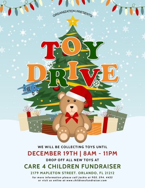 Christmas Holiday Teddy Bear Toy Drive Fundraiser Flyer, christmas charity fundraiser flyer, toys 4 tots flyer, christmas holiday toy donation flyer, organization fundraiser flyer, toy giveaway flyer, christmas holiday fundraiser event flyer, teddy bear toy drive flyer, cute christmas toy drive flyer, snowy snowflakes christmas tree fundraiser flyer. Toy Drive Ideas, Christmas Toy Drive Flyer, Toy Drive Flyer, Donation Flyer, Giveaway Flyer, Christmas Toy Drive, Toy Donation, Christmas Charity, Volunteer Ideas