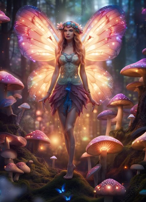 Forest fairy woman in a beautiful forest of magic mushrooms Fairy Whispers, Woman In Forest, Large Fairy Garden, Fairy Beauty, Amy Brown Fairies, Fantasy Fairies, Magical Landscapes, Forest Magic, Enchanted Fairy