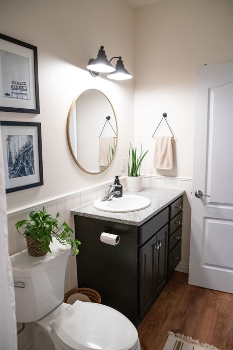 Bathroom Makeover On A Budget, Small Bathroom Paint Colors, Chalk Paint Cabinets, Decorative Bathroom Mirrors, Small Bathroom Paint, Green Bathroom Vanity, Dark Green Bathrooms, Paint Cabinets, Painting Bathroom Cabinets