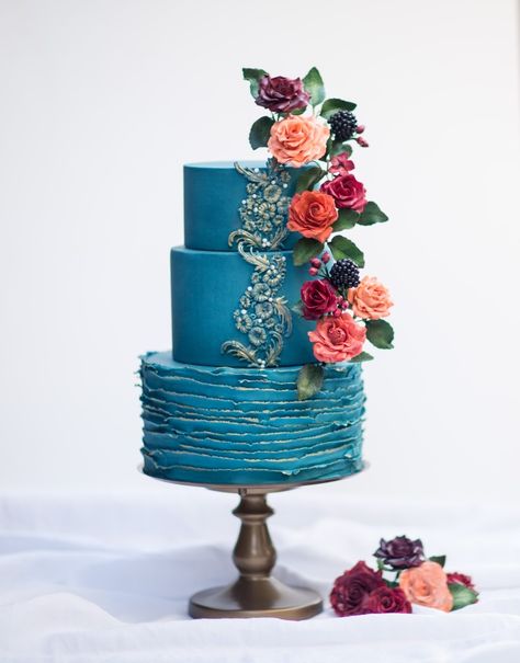 Dark teal Ruffle & bas relief wedding cake with orange and salmon sugar roses Teal Wedding Cakes, Dark Teal Wedding, Wedding Cake Dark, Dark Teal Weddings, Teal Wedding Cake, Teal Cake, Teal Blue Weddings, Orange Wedding Cake, Burnt Orange Weddings