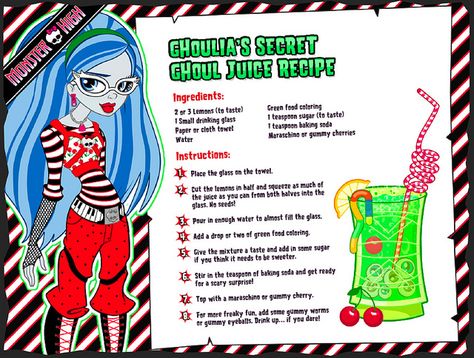 monster high ghoulia's secret ghoul juice recipe - Google Search Monster High Food, Zombie Drink, Cartoon Recipe, High Images, Monster High Halloween, Monster High Ghoulia, Monster High Birthday Party, Monster High Party, Moster High