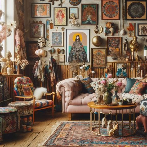 Maximalist Home Decor Eclectic Mix and Match Diy Apartment Decor Ideas, Maximalist Decor Green Couch, Wall Collage Maximalist, Moody Maximalist Pink, Maximalist Living Room Decor, Bookshelf Design Ideas, Aesthetic Options, Maximalist Decor Eclectic, Eclectic Maximalism Blankets