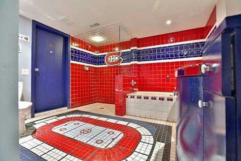 Habs bathroom Hockey Kids Room, Hockey Man Cave, Hockey Crafts, Hockey Bedroom, Sports Man Cave, Hockey Girlfriend, Hockey Decor, Hockey Room, Man Cave Bathroom